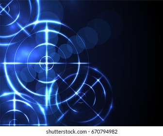 Shiny Blue Radar, Target, Shooting Range On Black Background. Creative Design Vector Templates.