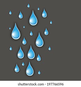 Shiny blue rain drops on grey background.