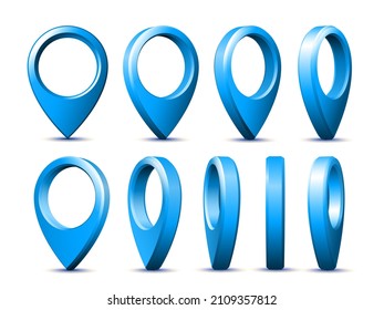 Punteros de mapa brillantes realistas azules situados en varios ángulos. Puntero de mapa 3d pin. Símbolos de ubicación. Icono azul invertido en la forma de una gota para indicar una ubicación. Ilustración del vector aislada en blanco