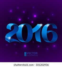 Shiny blue ribbons text 2016 on dark purple background with stars. RGB EPS 10 vector illustration