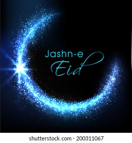 Brillante luna de plata azul y elegante texto Jashn-e-Eid sobre el fondo azul para las celebraciones del festival de la comunidad musulmana. 