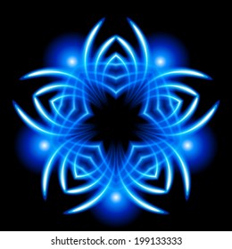 Shiny blue snowflake on the black background.