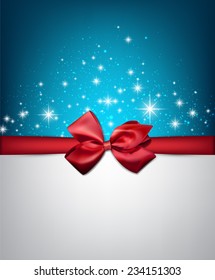 Shiny blue starry christmas background with red bow. Vector Illustration. 