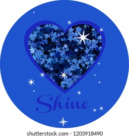 Shiny blue stars glitter pattern heart on blue background with handwrite shine letter. For christmas for valentines for invitation