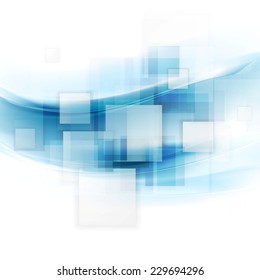 Shiny blue tech background with squares and waves. Vector design template