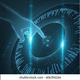 Shiny blue technology UI vector background with finger pointing hand and technology HUD shapes.