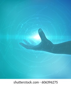 Shiny blue technology vector background with hand holding energy ball. EPS10