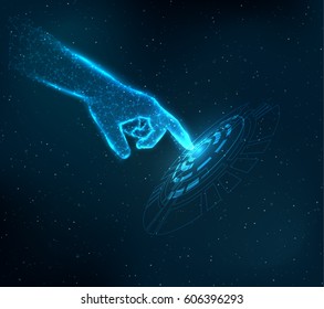 Shiny Blue Technology Vector Background With Hand Holding Energy Ball. EPS10