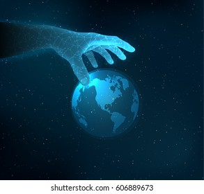 Shiny blue technology vector background with hand reaching for the hologram globe.