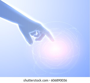 Shiny blue technology vector background with hand touching technology shaped UI HUD. EPS10