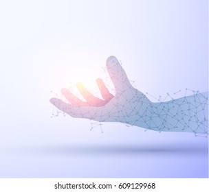 Shiny blue technology vector background with hand holding energy ball. EPS10