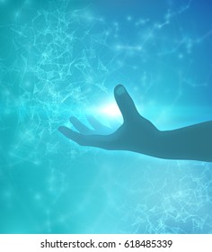 Shiny blue technology vector background with hand holding energy ball. EPS10
