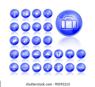Shiny Blue Travel Icon Set. Vector illustration