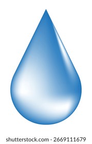 Ilustración vectorial azul brillante de la gota de agua aislada en el fondo blanco limpio. Pureza, frescura y concepto de hidratación.