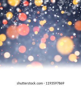 Schöner unscharfer Hintergrund mit Lichtern und Schnee. Vorlage für Winter-, Feste-, Weihnachts- oder Neujahrsdekoration. Vektorhintergrund.