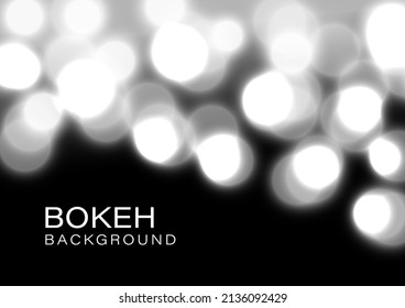 Shiny bokeh lights blur abstract background vector. Beautiful soft white Christmas bulb with black color backdrop. Vibrant glitter defocused texture art. Bright glow circle lamp party illustration.