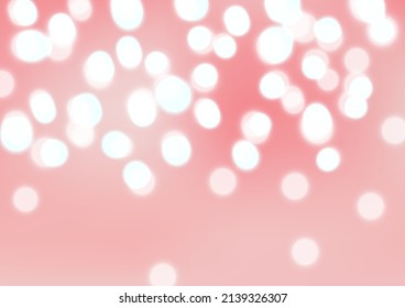 Shiny bokeh lights blur abstract background vector. White Christmas bulb effect with softness sweet lovely peach pink backdrop. Vibrant glitter glow defocus shape art. Circle lamp party illustration.