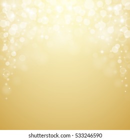 Shiny bokeh lights and falling sparkles on golden background. Vector illustration.