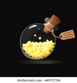 Shiny bonus stars in the glass bottle with stopper and tag game icon. Vector design for app user interface