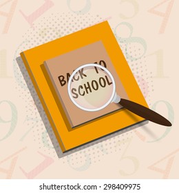 Shiny book with magnifying glass on stylish background for Back to School concept.