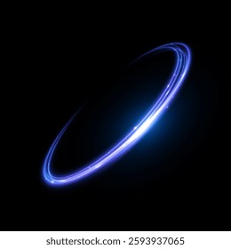 Shiny bright blue glowing curved line with magic light effect. Glow effect for game interface design on black background.
