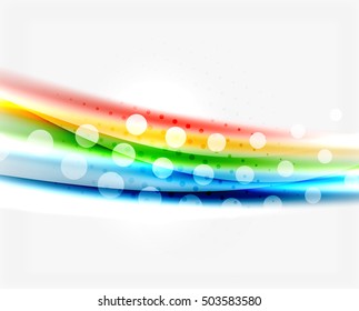 Shiny bright color lines with light effects and circles, wave abstract background