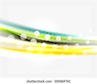 Shiny bright color lines with light effects and circles, wave abstract background