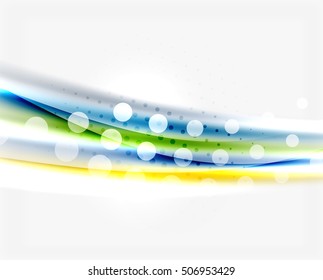 Shiny bright color lines with light effects and circles, wave abstract background