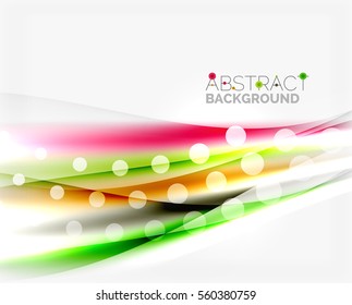 Shiny bright color lines with light effects and circles, wave abstract background