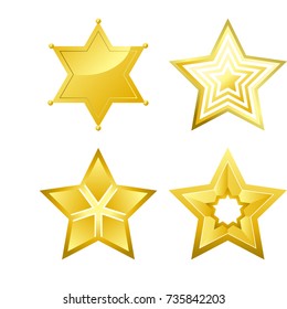 Shiny bright five-pointed stars of several designs with smooth surface