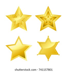 Shiny bright five-pointed stars of several designs with smooth surface