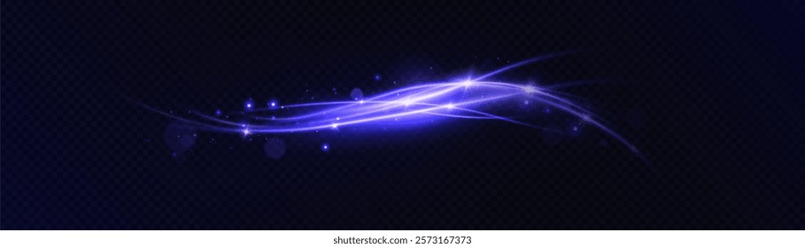 Shiny bright purple glowing curved lines with magic light effect. Curved glow effect for game interface design on black background. Vector