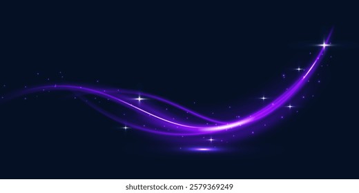 Shiny bright purple glowing sparkling curved line with magical light effect of magical sparkle dust and glitter particles. Glow effect for game interface design.