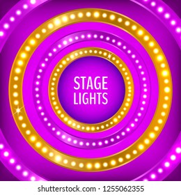 Shiny and bright vector background with light circles or frames with shining light bulbs. Glowing violet neon presentation backdrop. Vector illustration for your graphic design.