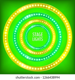 Shiny and bright vector background with light circles or frames with shining light bulbs. Glowing green neon presentation backdrop. Vector illustration for your graphic design.