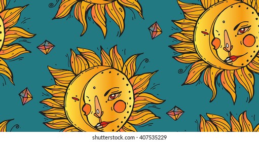 Shiny Bright Yellow Sun  and moon on blue  Seamless Background. Hand drawn Vector Pattern.