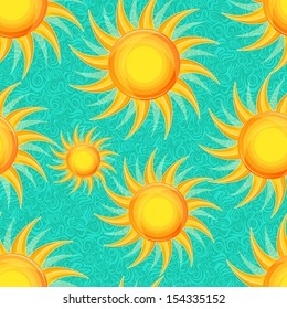 Shiny Bright Yellow Sun on Green Seamless Background. Vector Pattern
