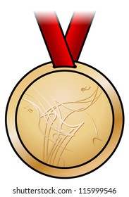 A shiny bronze medal with a modern abstract design and a red satin ribbon. Shown front-on.