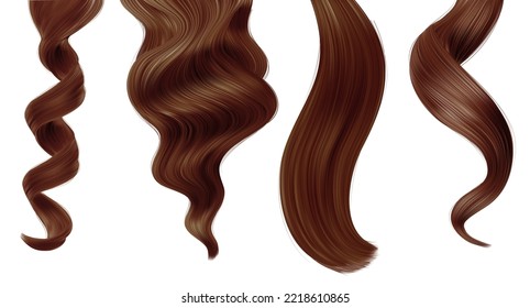 Shiny brown woman hair strands, straight and ponytail hairstyle, vector haircut and hair care beauty. Realistic female strands and long curl extensions for hair dye sample or shampoo package