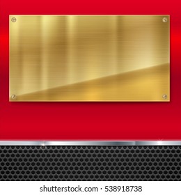 Shiny brushed metal gold, yellow plate with screws. Stainless steel banner on red polished background with metal strip and black mesh, vector illustration for you