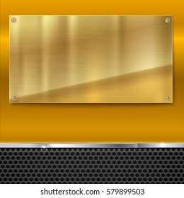 Shiny brushed metal gold, yellow plate with screws. Stainless steel banner on yellow polished background with metal strip and black mesh, vector illustration for you