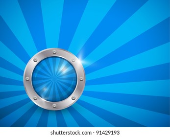 Shiny bubble in aluminum edging on blue striped background. Vector art.