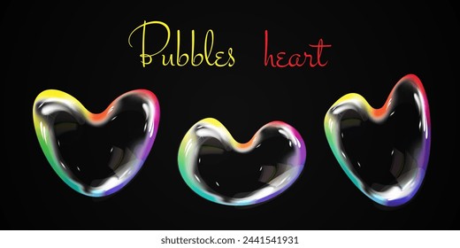 Shiny bubble heart. Realistic soap bubbles with rainbow reflection. Vector illustration. Foam bubbles.