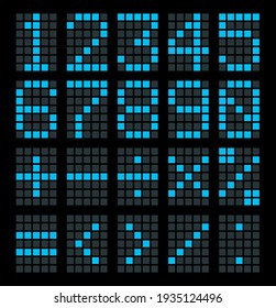 Shiny bulb count square lcd led logo typeface element set bright blue color modern art style. Closeup dark neon travel club termin device grid dial table counter indicate typeset collection web design