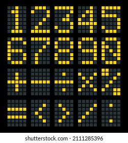 Shiny bulb count square lcd led logo typeface element set bright yellow color modern art style. Closeup dark neon travel club termin device dial table counter indicate typeset collection web design