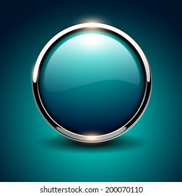 Shiny button blue glossy metallic, vector illustration