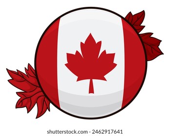 Shiny button with the Canadian flag inside and red maple leaves in cartoon style.