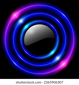 Shiny button with circle light neon glowing rings on black background, purple blue concentric laser light circles with copy space, vector illustration 