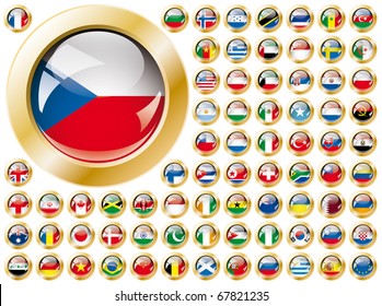 Shiny button flags with golden frame collection -  vector illustration. Isolated abstract object against white background.