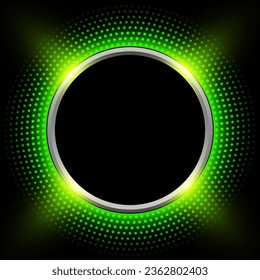 Shiny button with green halftone, dots pattern around on black background, vector illustration.